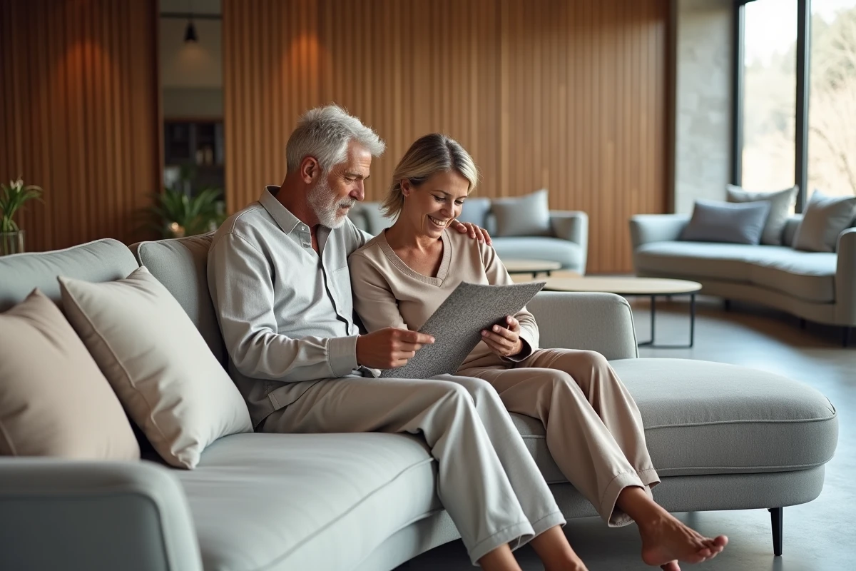 Couple discutant des echantillons de tissu sur un sofa