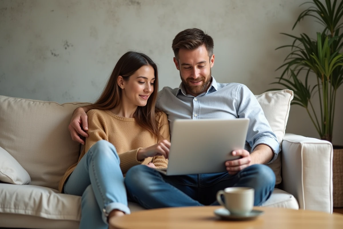 Couple lisant un guide complet sur Foyerlumina.fr avant de s'inscrire, assis dans leur salon