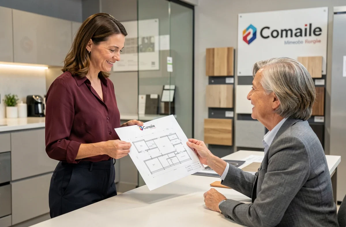 Conseillère de Cuisinella Nîmes présentant un plan de cuisine à une cliente en showroom