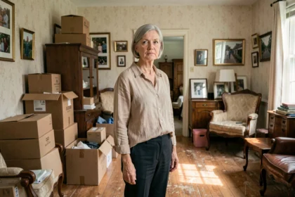 Femme gérant le débarras d'une succession dans un salon encombré de meubles et de cartons après un décès