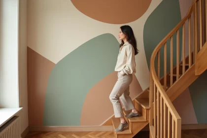 Mur de cage d'escalier décoré d'une fresque géométrique en tons terreux dans un appartement haussmannien moderne