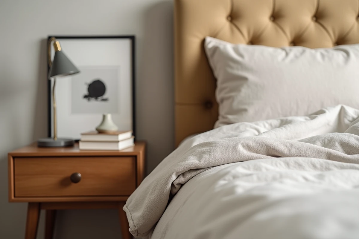 Détail table de chevet BUT avec literie en lin et tête de lit capitonnée beige dans une chambre moderne
