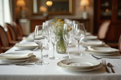 Disposition classique des verres sur une table dressée avec nappe blanche, cristal et couverts en argent