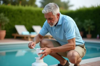 Homme mesurant la quantité de javel avant de traiter l'eau d'une piscine extérieure