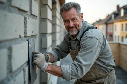 Maçon appliquant un enduit sur un mur en parpaings lors d'un chantier résidentiel extérieur