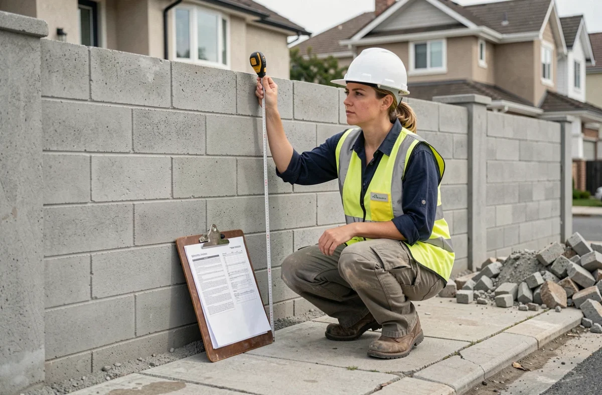 Entrepreneuse du bâtiment mesurant la hauteur d'un mur mitoyen en béton lors d'une évaluation de travaux