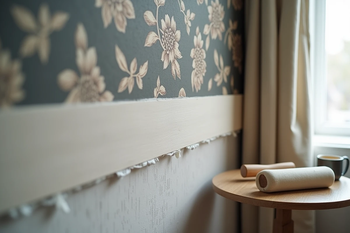 Gros plan sur un raccord de papier peint botanique mal aligné dans une chambre adulte, avec bulle et décalage de motif visibles sur le mur