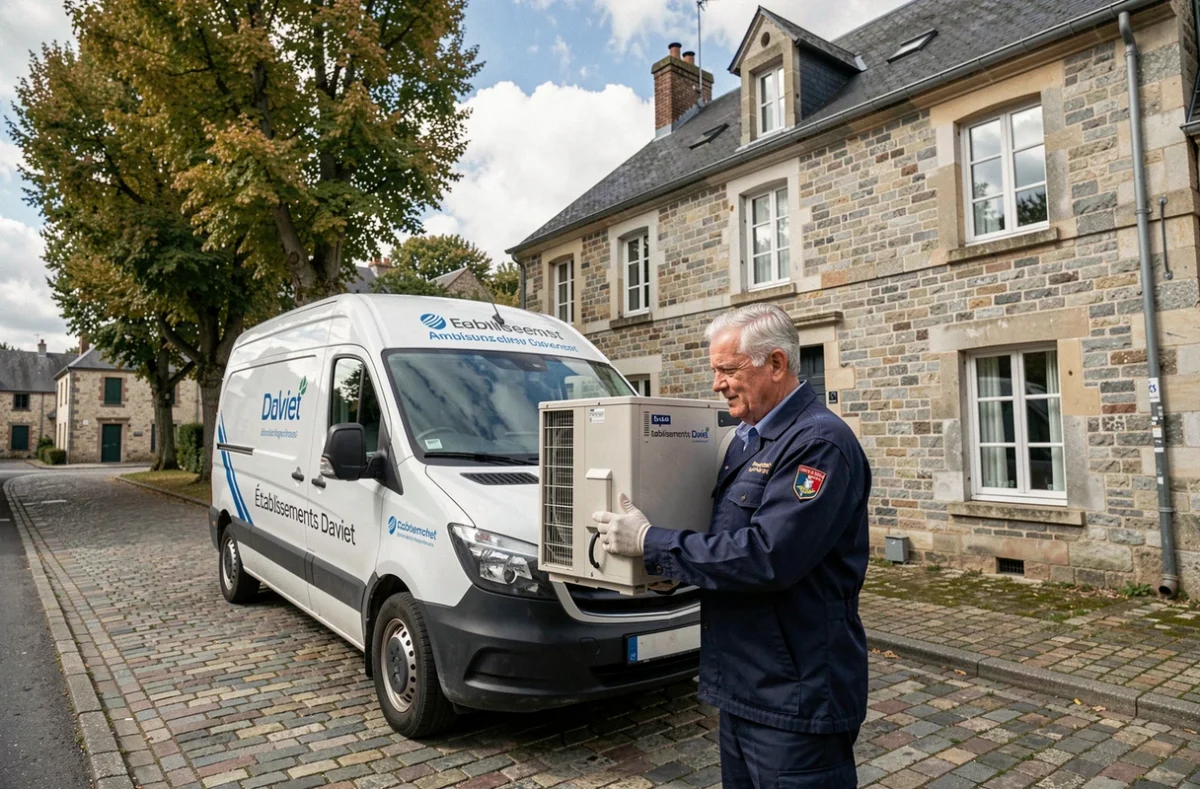 Technicien des Établissements Daviet déchargeant une unité de climatisation devant une maison en pierre dans l'Oise