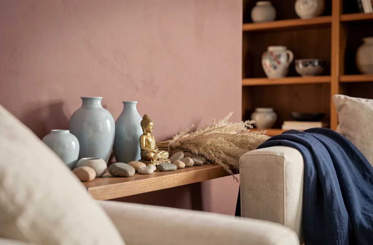 Étagère de salon décorée selon le Feng Shui avec céramiques bleues, galets et lé de lin indigo pour une ambiance reposante