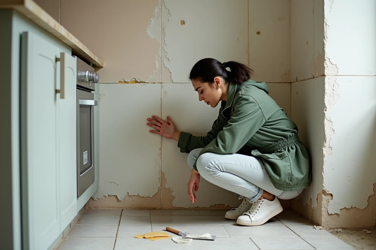 Femme évaluant l'état d'un mur de cuisine en cours de rénovation avec carrelage décollé et plâtre apparent