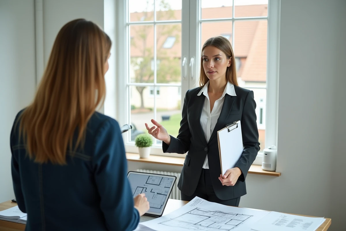 Femme évaluatrice discutant avec un propriétaire dans un bureau moderne
