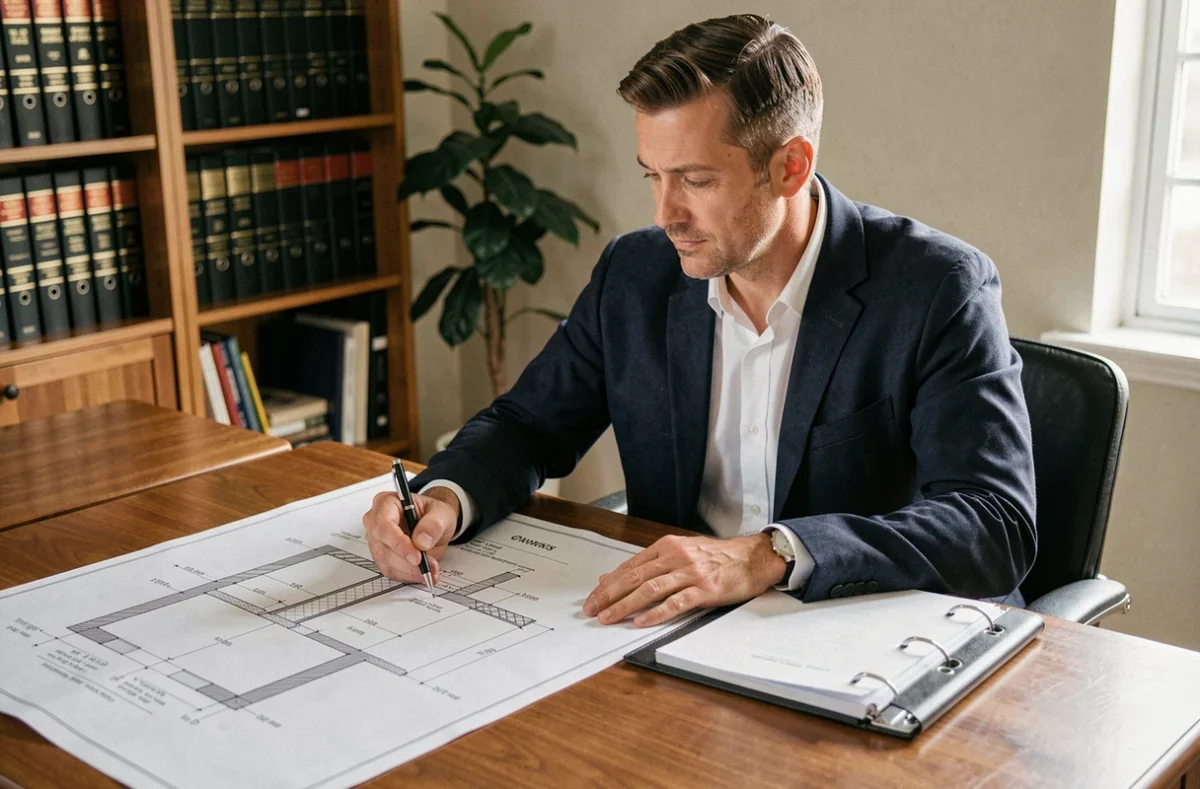 Architecte ou juriste analysant les plans et documents légaux relatifs à un mur mitoyen et sa mise en conformité