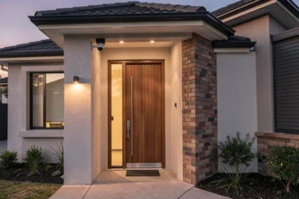 Façade de maison avec une caméra de surveillance au-dessus de la porte