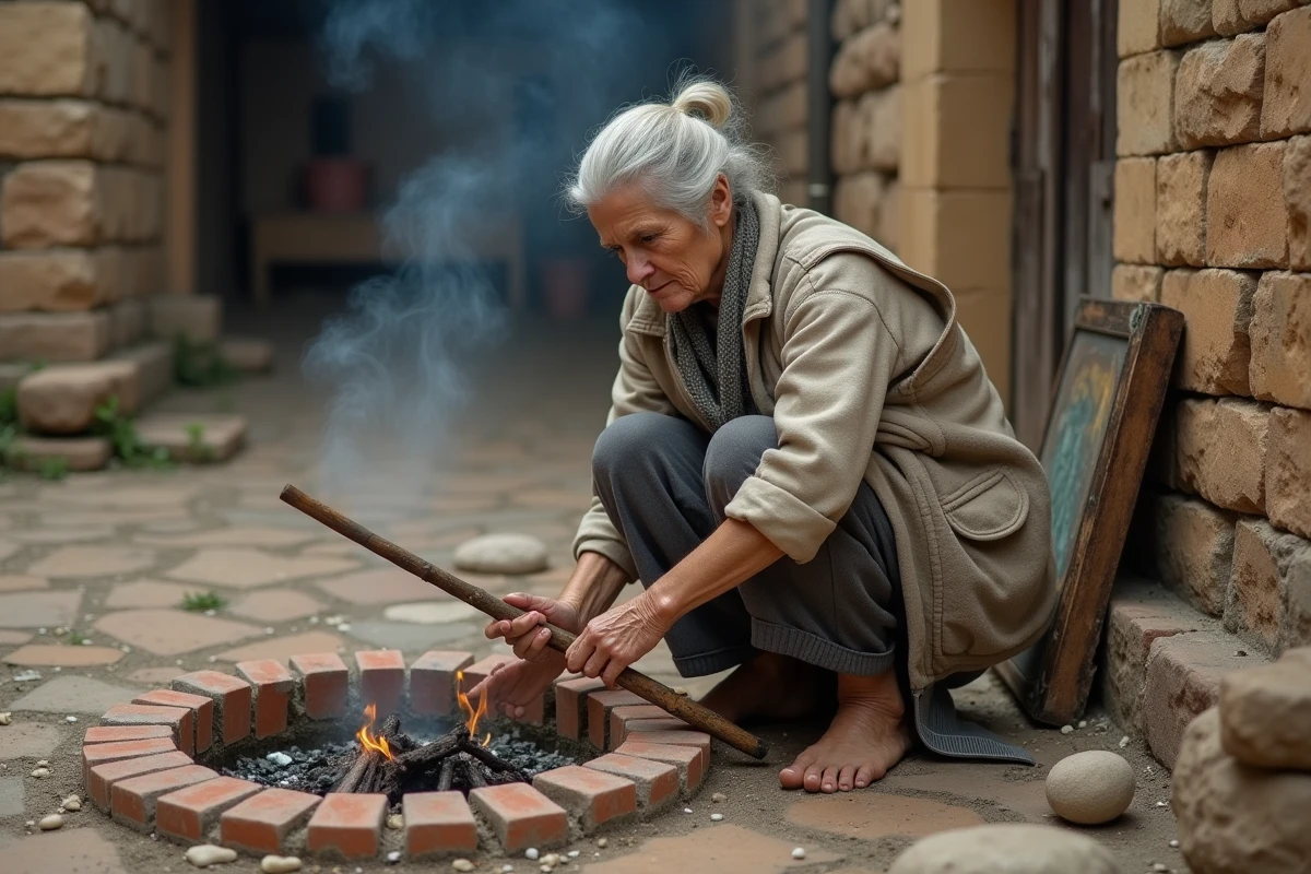 Femme brûlant des déchets dans une cour de village ancien