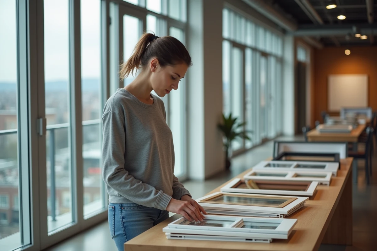 Jeune femme observant des échantillons de fenêtres dans un showroom