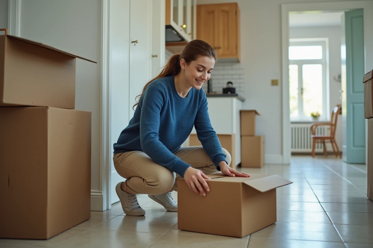 Jeune femme pliant une boîte dans un couloir d