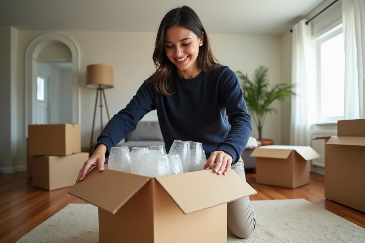 Jeune femme plaçant verres dans une boîte de déménagement