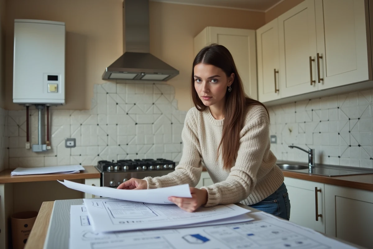 Jeune femme examine plans de renovation dans la cuisine