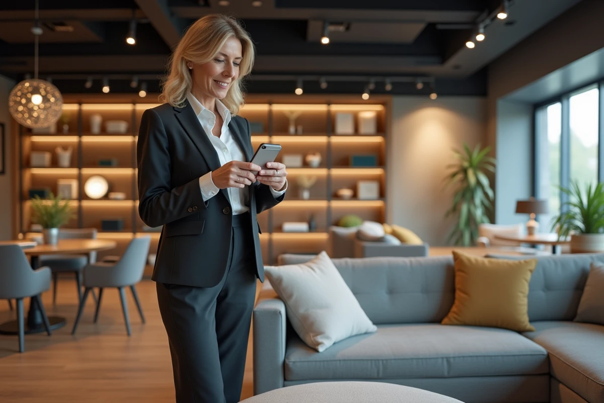 Femme en magasin de meubles regardant une étiquette de prix
