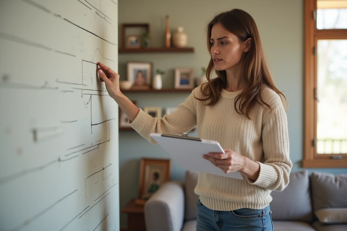Femme vérifiant un mur intérieur dans son salon