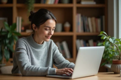 Femme consultant le site Foyerlumina.fr sur un ordinateur portable dans un bureau à domicile