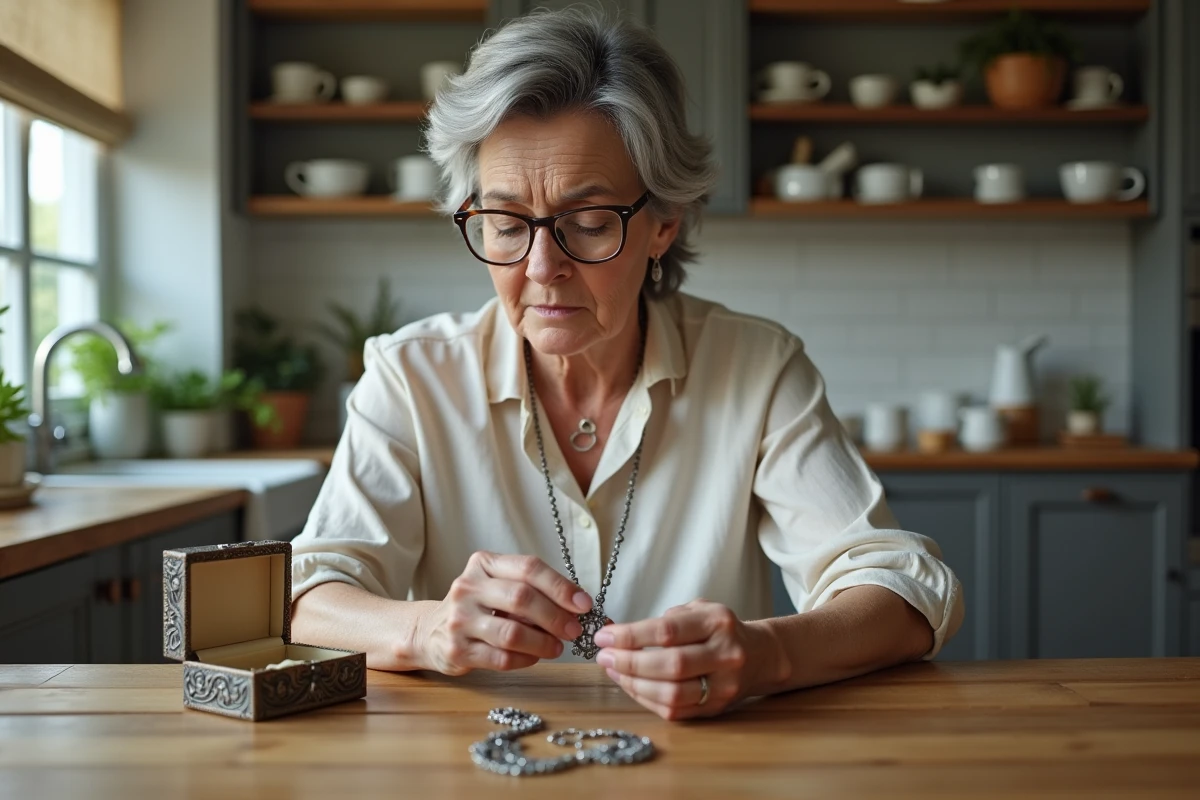 Femme d'une cinquantaine d'années inspectant un collier terni sorti d'une boîte à bijoux vintage sur une table en bois