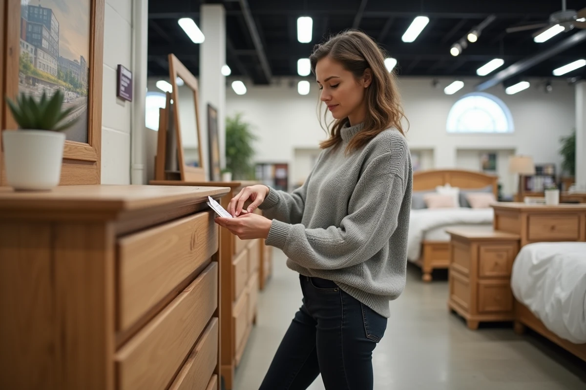 Femme examinant les prix d'une commode en bois dans un magasin de meubles BUT avec chambre complète exposée