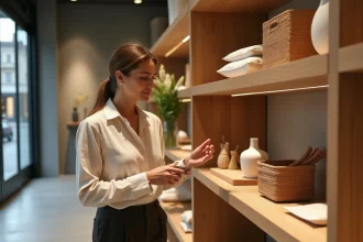 Femme inspectant un vase en céramique dans un magasin de décoration contemporain à Lyon