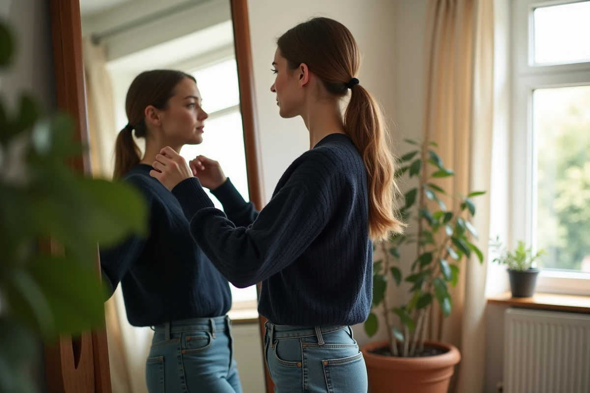 Jeune femme ajustant un miroir dans un salon lumineux