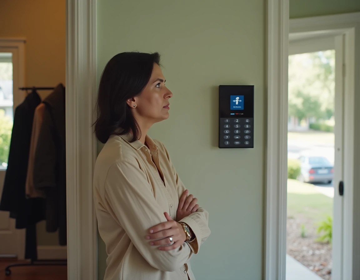 Femme sceptique devant un panneau de contrôle d'alarme de maison dans un couloir d'entrée résidentiel