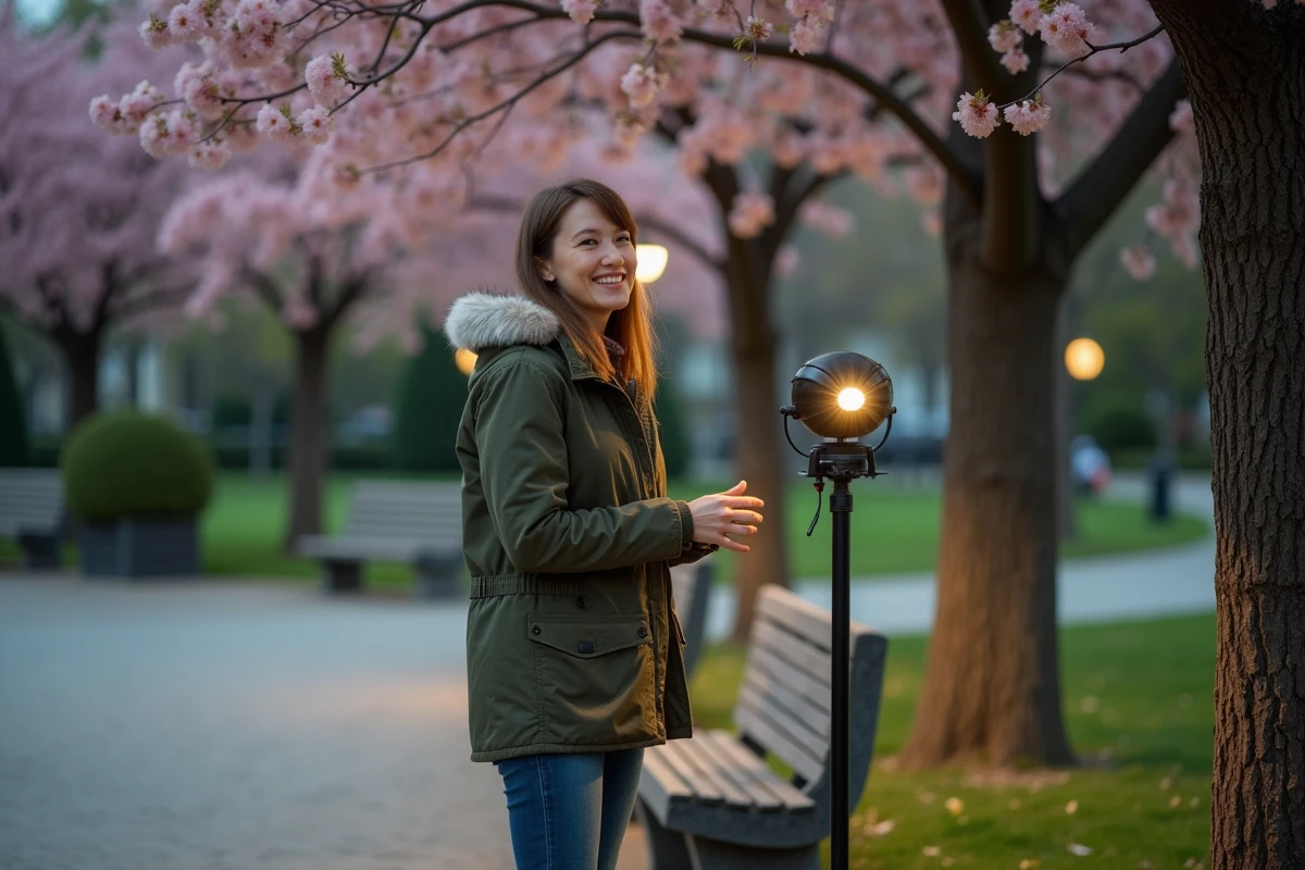 Femme souriante positionnant un projecteur sous un arbre en parc