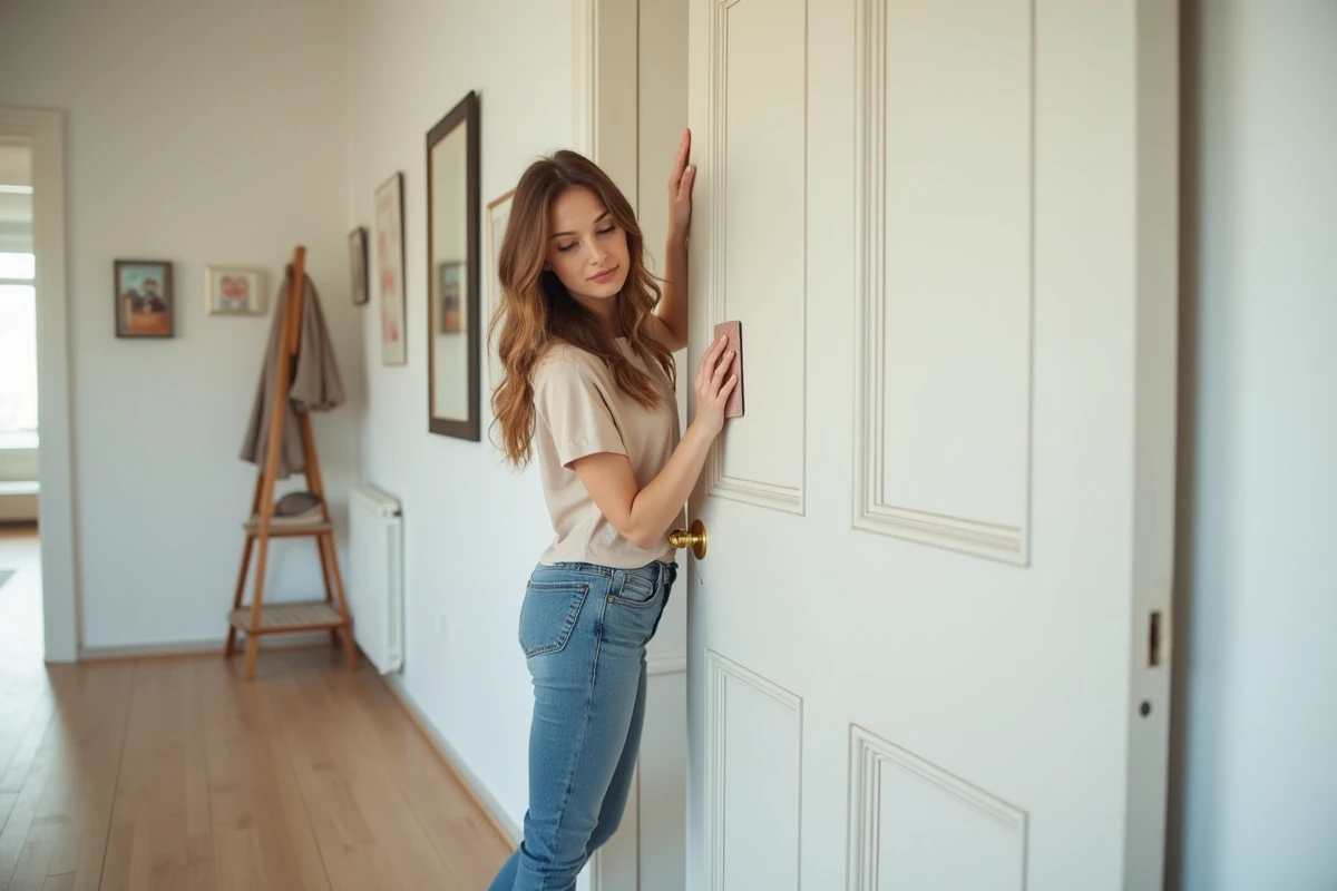 Jeune femme ponçant une porte intérieure dans un appartement lumineux