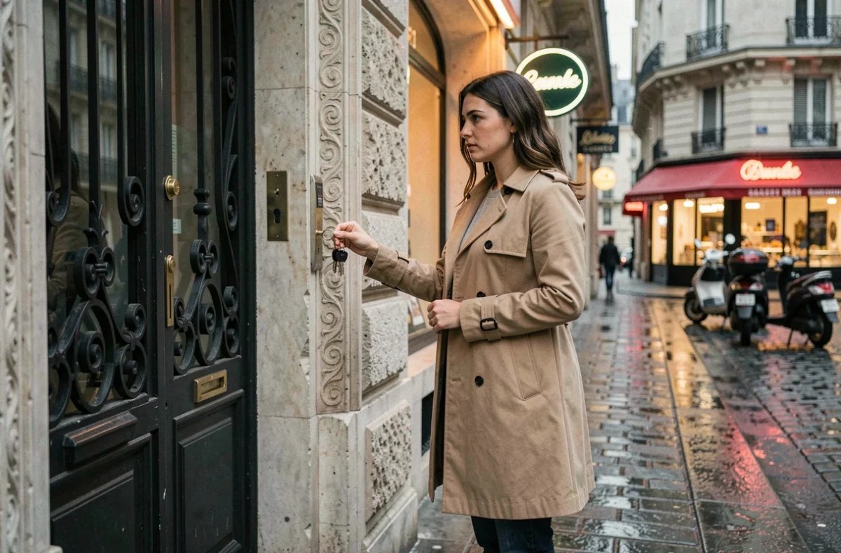 Femme bloquée devant la porte de son immeuble parisien le week-end cherchant un serrurier