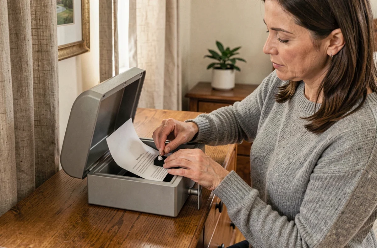 Femme rangeant des bijoux et papiers importants dans un coffre fort compact posé sur un meuble en bois