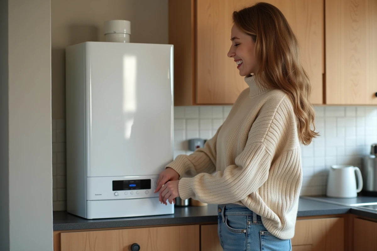 Femme réglant une chaudière gaz dans la cuisine