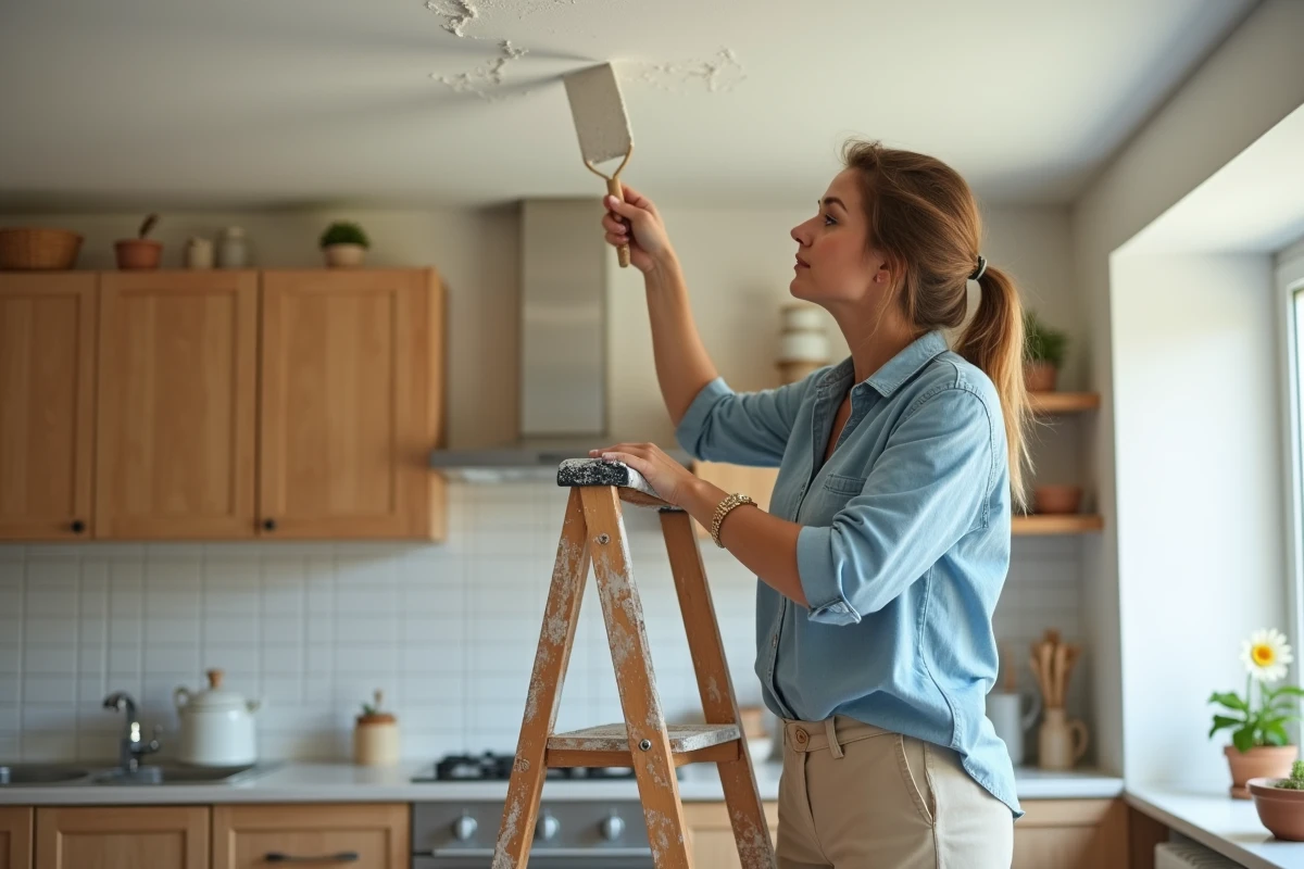 Femme appliquant de l'enduit de réparation sur une fissure de plafond dans une cuisine de maison