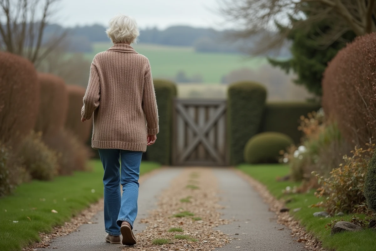 Femme retraitée marchant sur un chemin de gravier rural