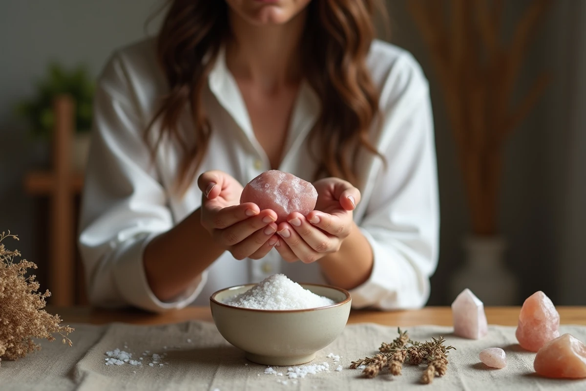 Femme tenant une pierre rose des sables au-dessus d'un bol de sel marin dans un rituel de purification minérale à domicile