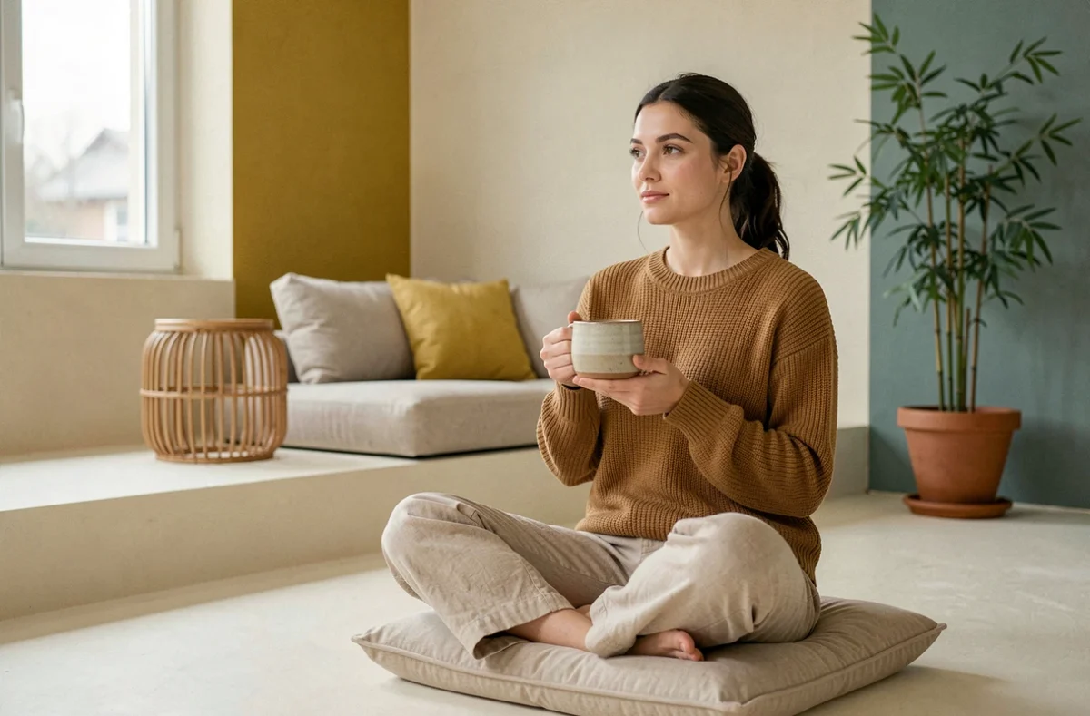 Femme détendue assise sur un coussin de sol dans un salon Feng Shui aux tons ivoire, moutarde et bleu canard, tenant une tasse en céramique
