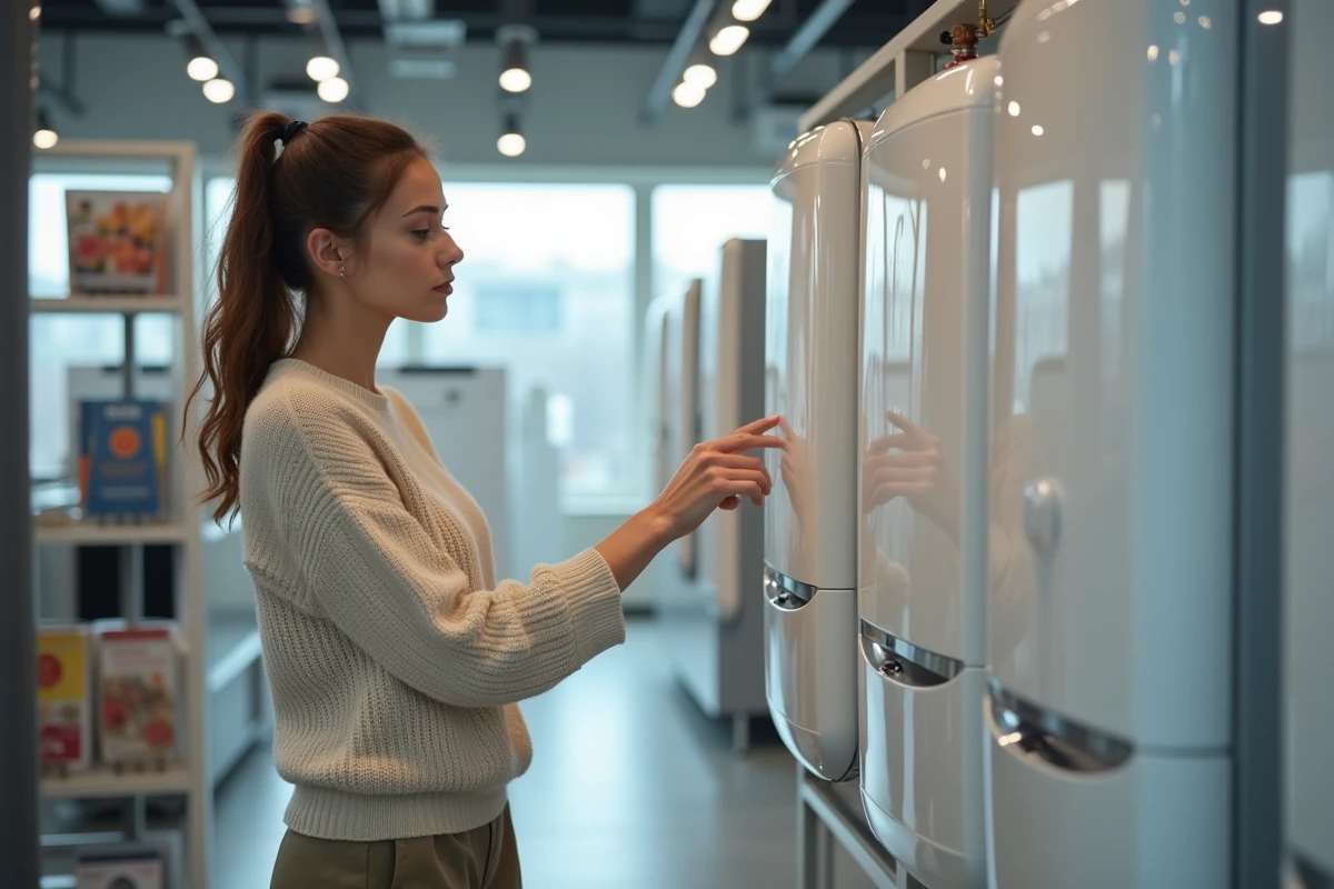 Jeune femme observant une chaudière dans un showroom