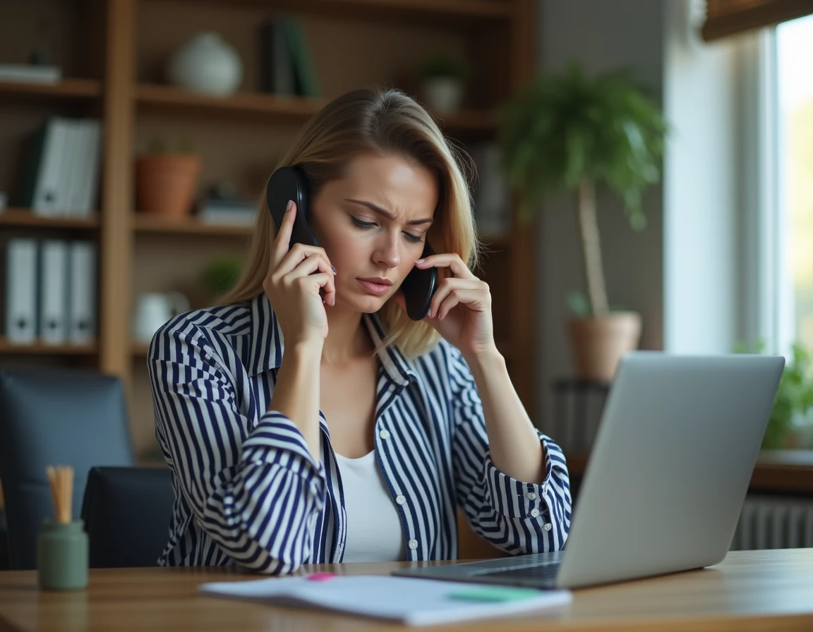 Femme frustrée au téléphone avec le service client Verisure devant son ordinateur portable à domicile