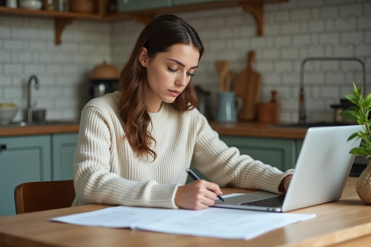 Jeune femme remplissant un formulaire sur un ordinateur portable à la maison