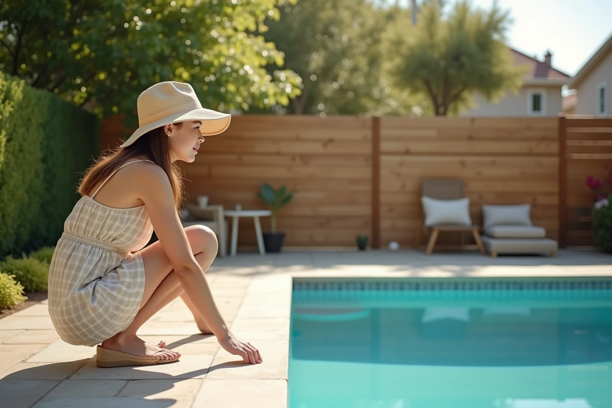 Femme vérifiant la distance entre piscine et clôture