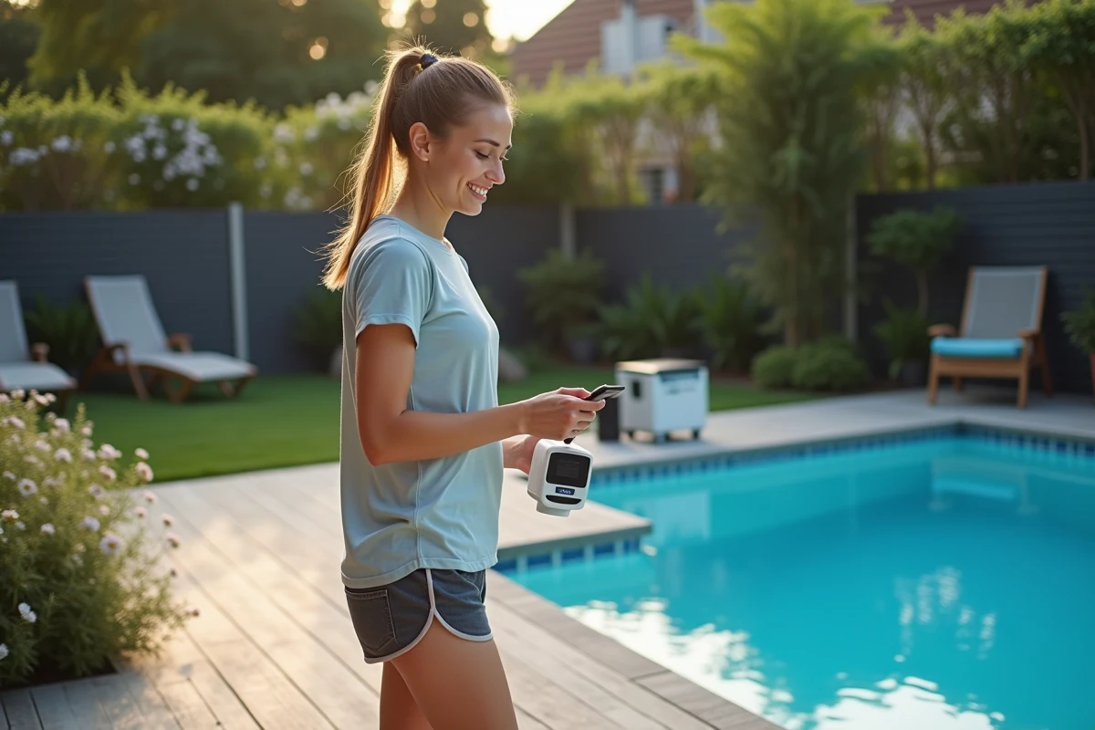 Femme souriante vérifiant le panneau de contrôle de la piscine