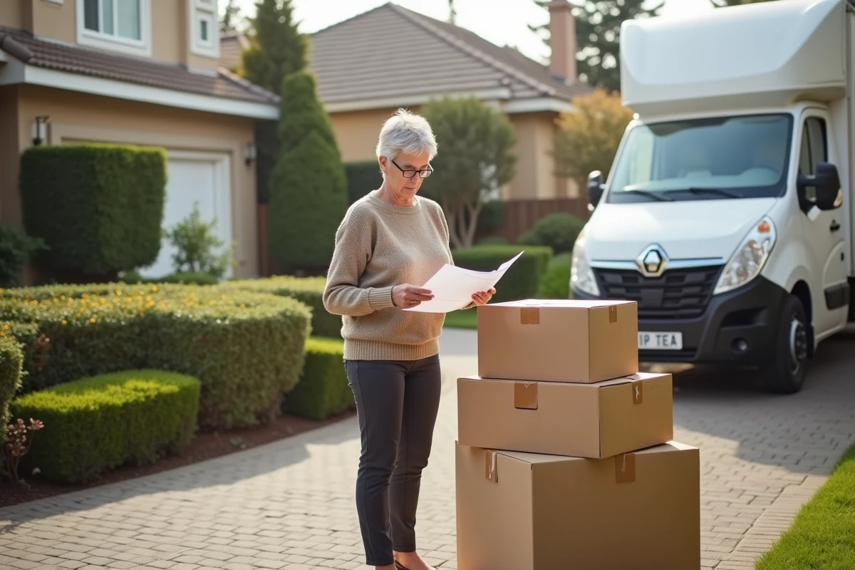 Femme vérifiant une liste de déménagement devant la maison