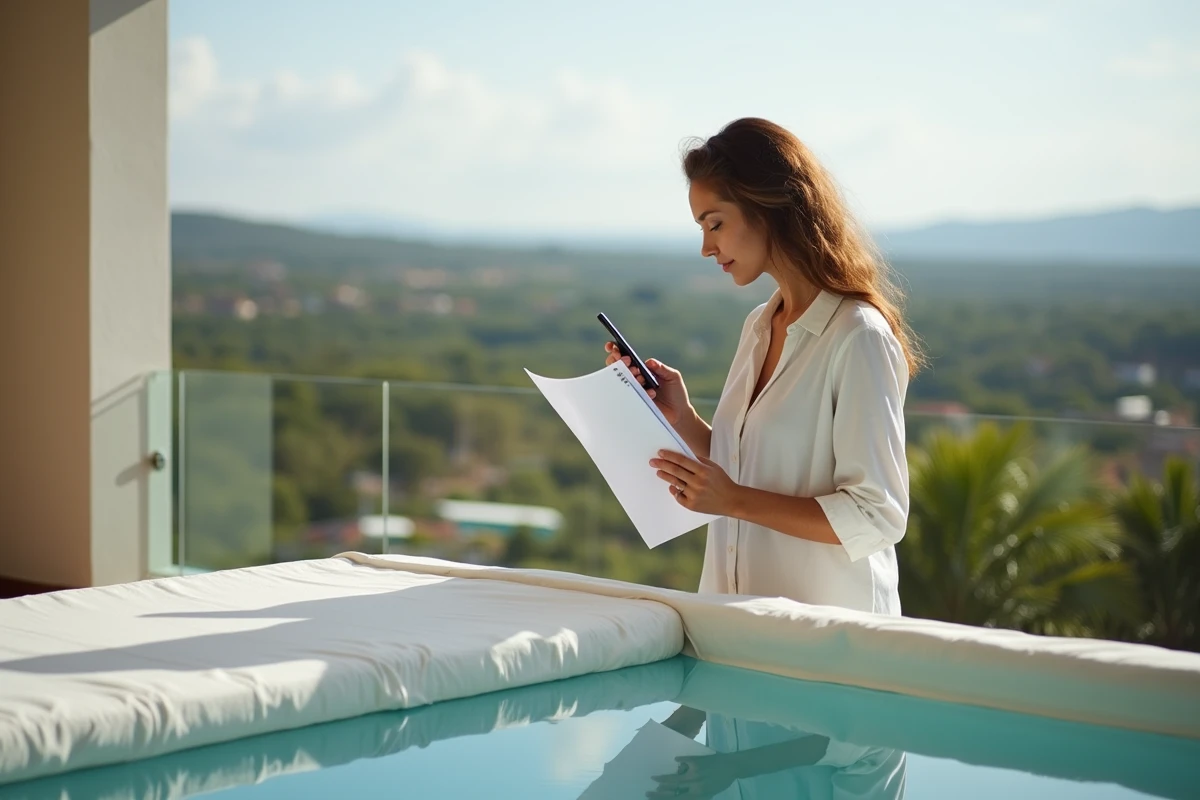 Femme inspectant un spa vide sur une terrasse d
