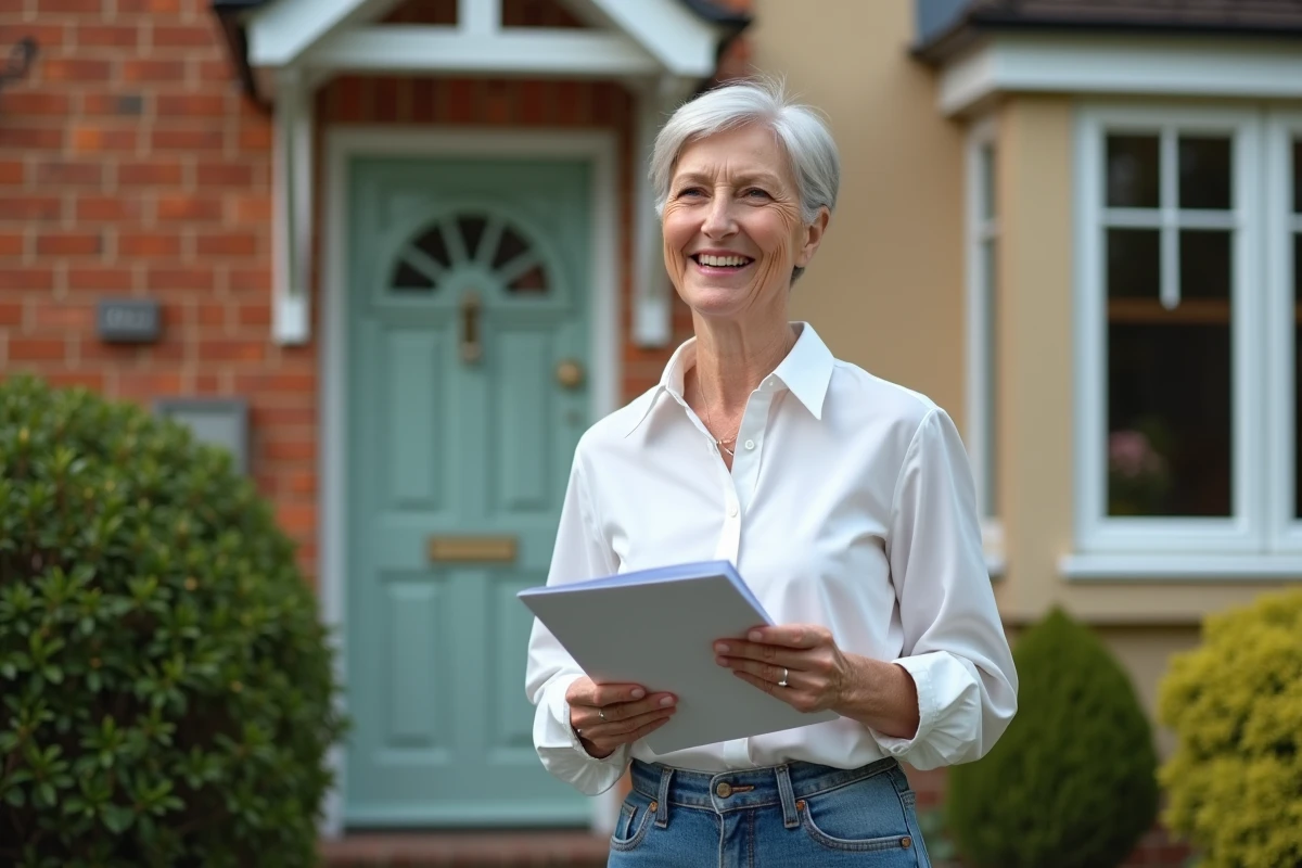Femme souriante devant sa maison rénovée et papiers officiels
