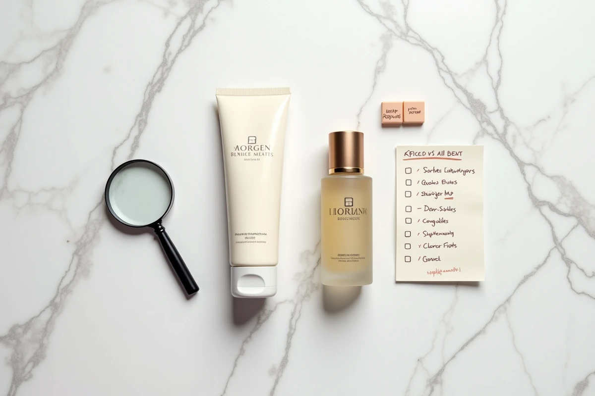 Vue aérienne de produits haut de gamme et low cost côte à côte sur marbre blanc avec checklist, comparaison de marques