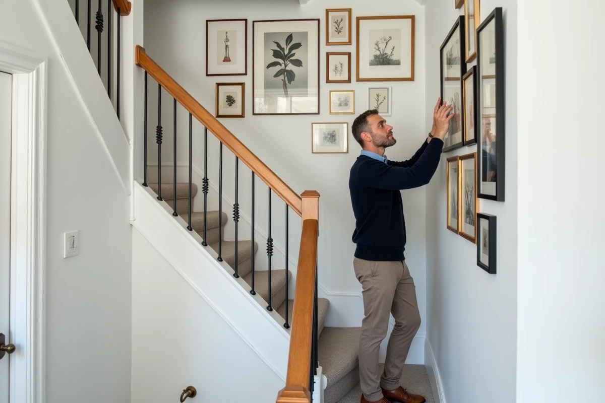 Galerie de cadres et illustrations botaniques sur un mur de cage d'escalier dans une maison de ville rénovée