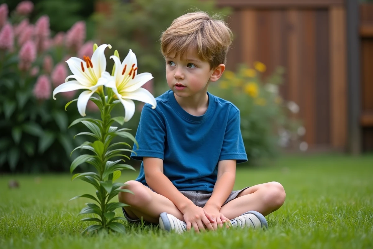 Garçon curieux observant des lilies dans le jardin
